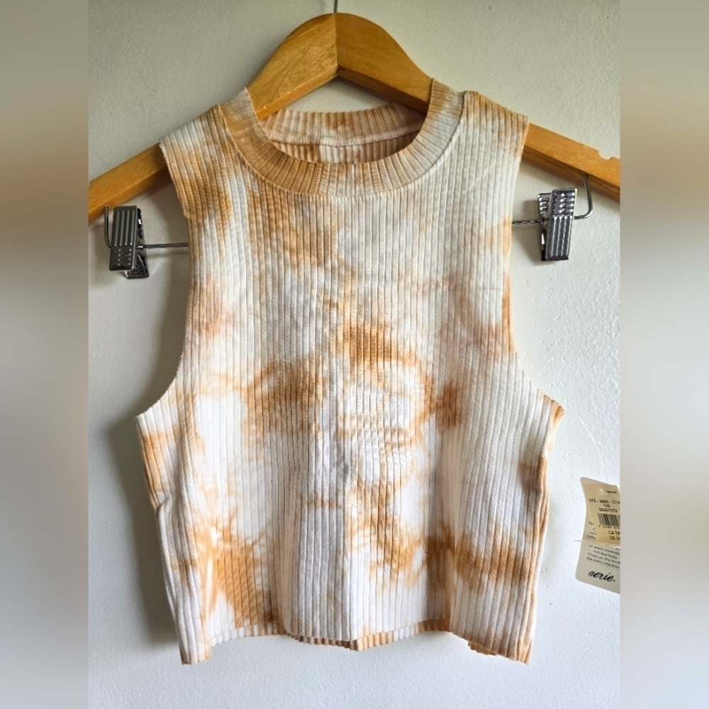 NWT! AERIE, Ribbed Rebel Crop Tank Top, Cream/Tan, Size XS-$24.50